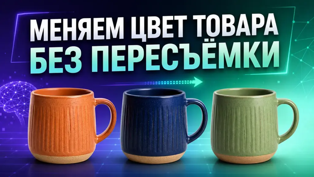 Обложка: три кружки разных цветов — терракотовая, синяя, зелёная — иллюстрация теста смены цвета товара нейросетью