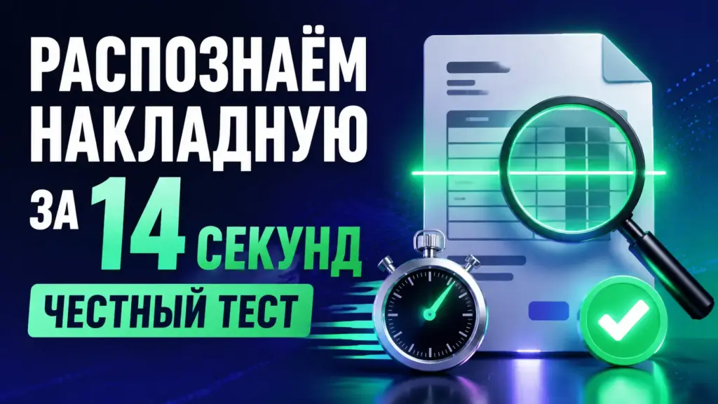 Обложка: документ под лупой, секундомер и галочка — иллюстрация теста распознавания накладной нейросетью